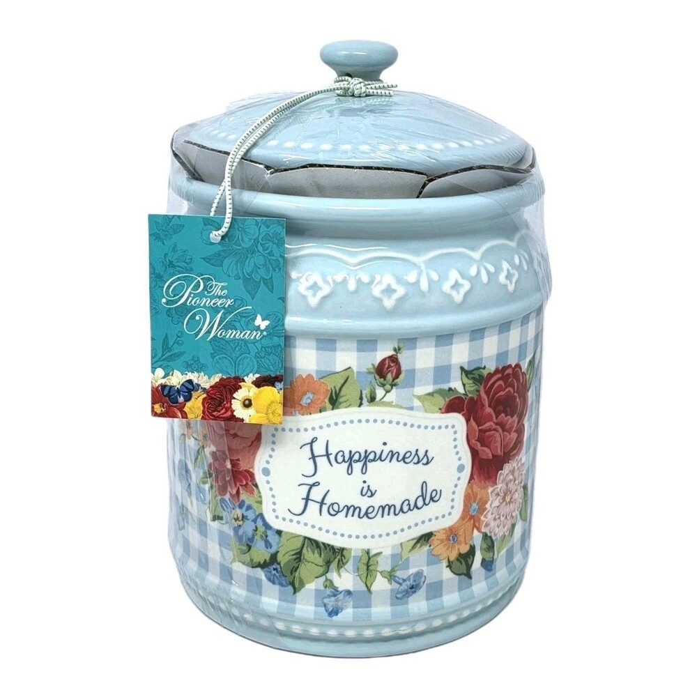 Pioneer Woman Cookie Jar Happiness Is Homemade Embossed Stoneware Floral Gingham